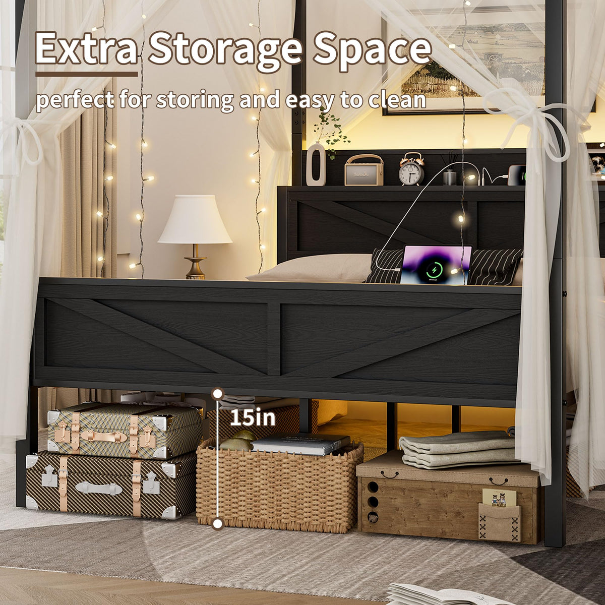 Queen Size Metal Canopy Bed Frame with Storage Headboard E7279
