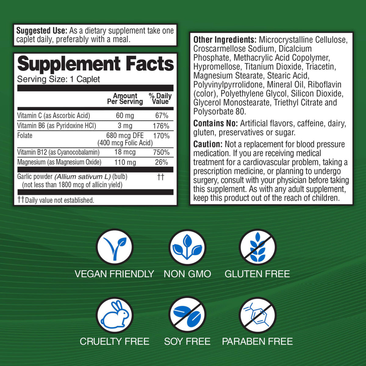 Odorless Vegan Garlic Extract Supplement 60 Caplets B3936