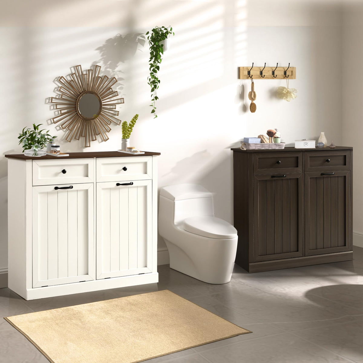 White 22 Gallon Wooden Laundry Hamper Cabinet with 2 Drawers L84705