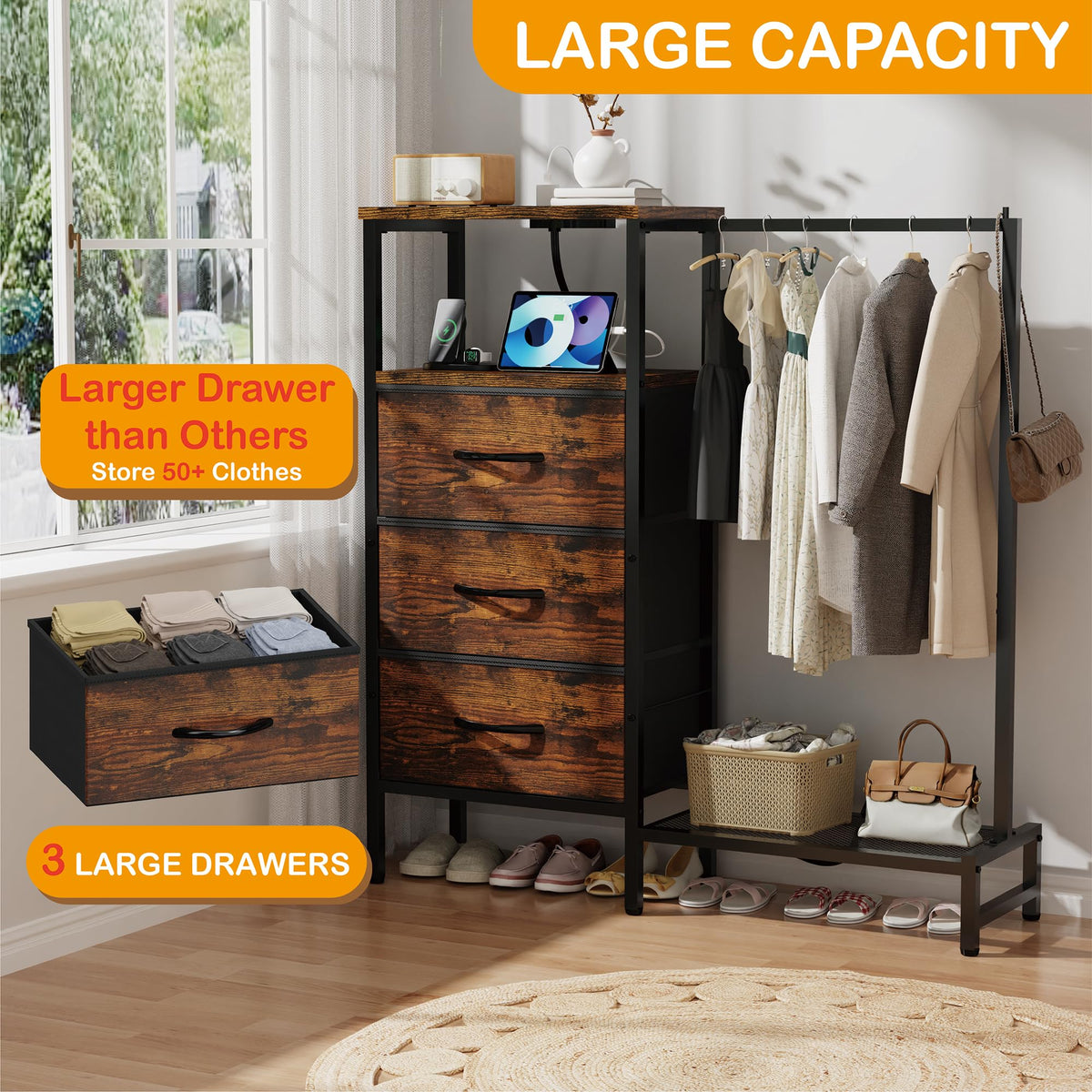 Brown 3 Drawer Fabric Dresser with Hanging Rack D30919