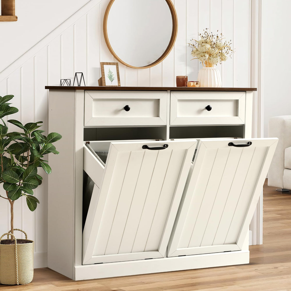 White 22 Gallon Wooden Laundry Hamper Cabinet with 2 Drawers L84705