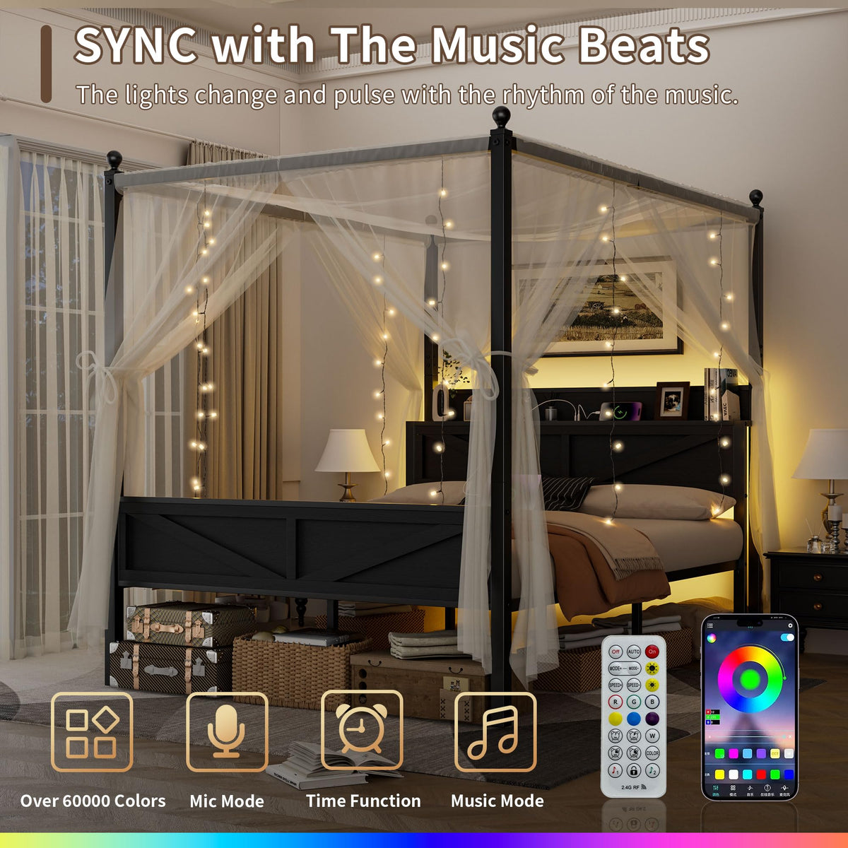 Queen Size Metal Canopy Bed Frame with Storage Headboard E7279