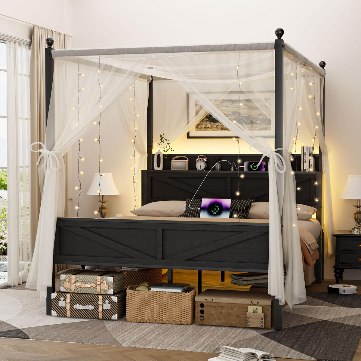 Queen Size Metal Canopy Bed Frame with Storage Headboard E7279