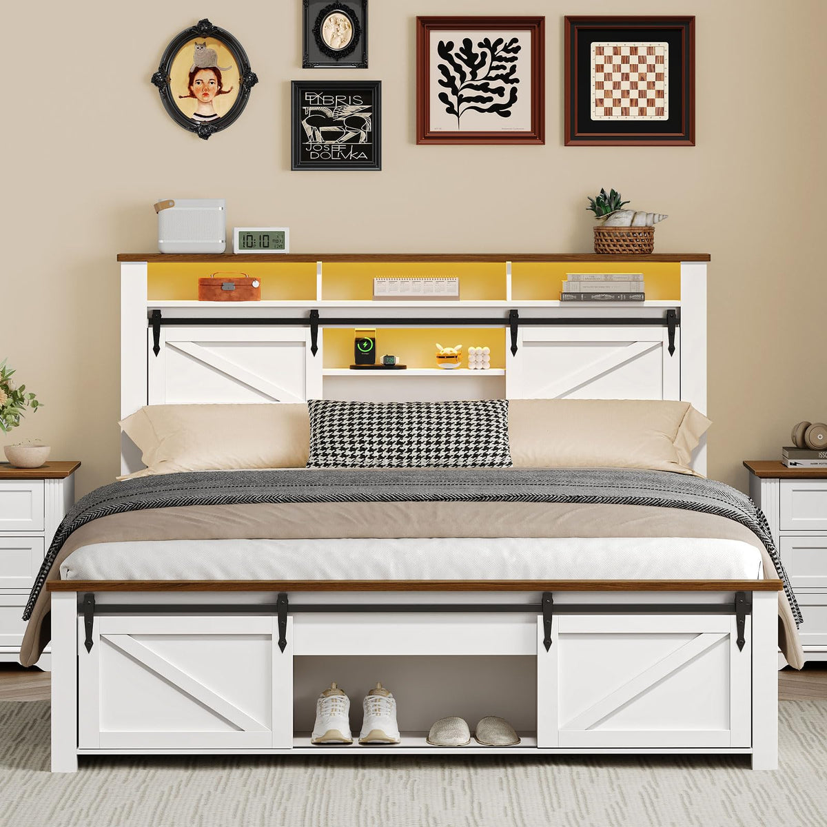 White and Walnut Full Size Storage Bed Frame Q148