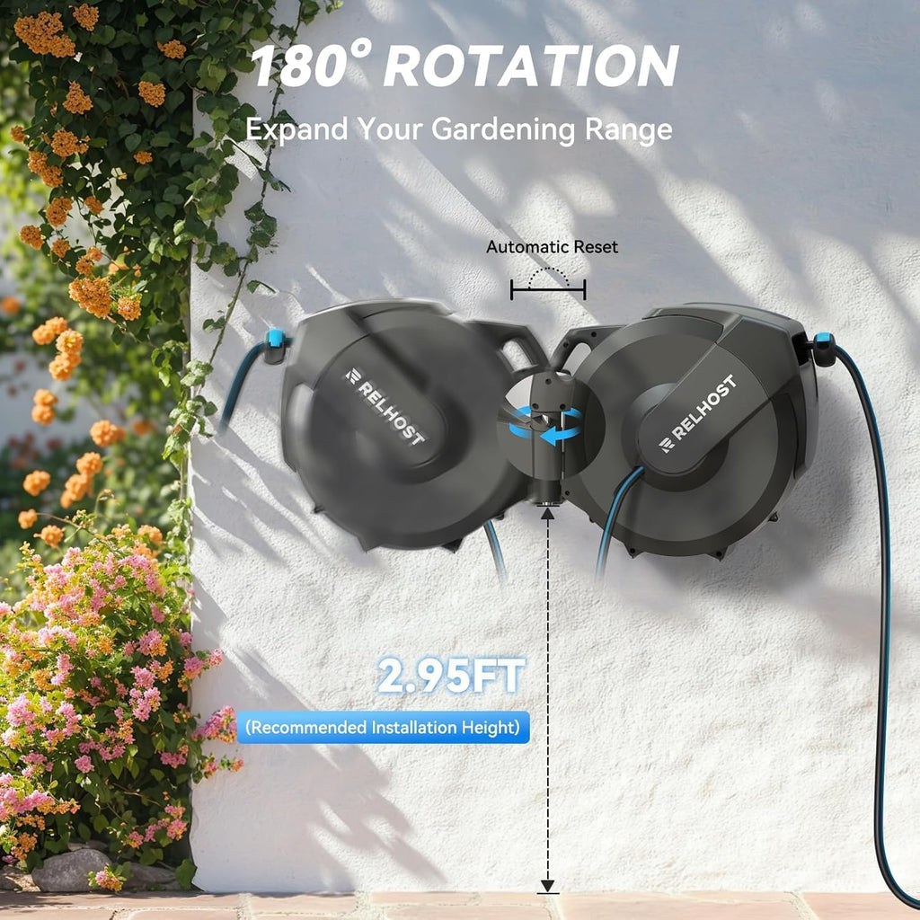 Retractable Garden Hose Reel, 5/8 in x 100 ft Wall Mount Heavy Duty with 10-Pattern Nozzle, Dark Grey D42604