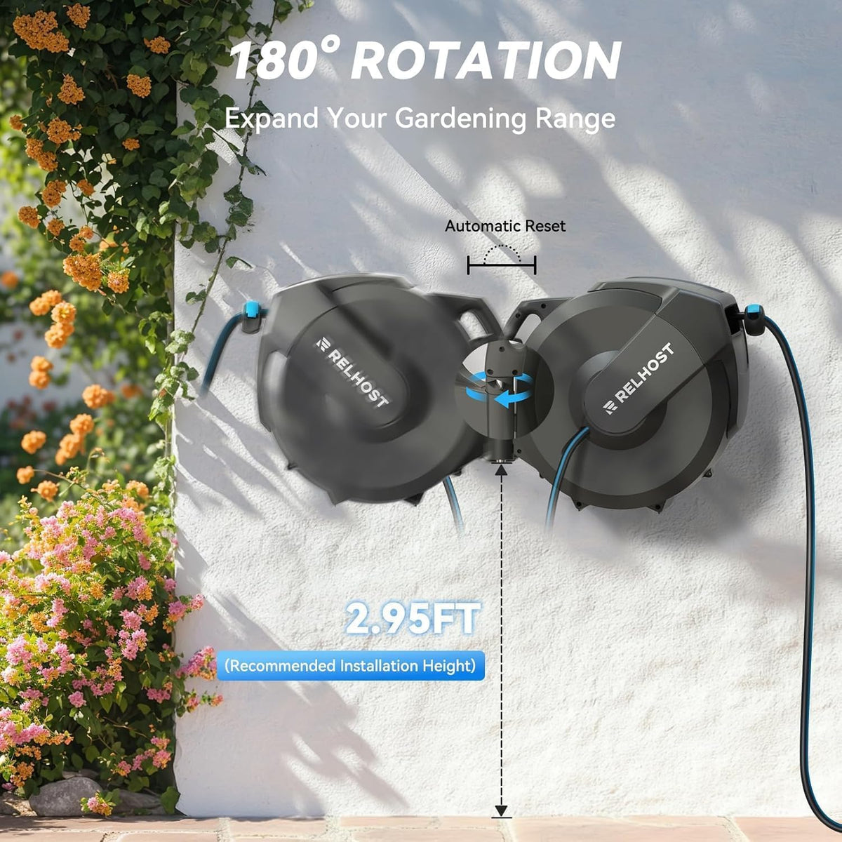 Retractable Garden Hose Reel, 5/8 in x 100 ft Wall Mount Heavy Duty with 10-Pattern Nozzle, Dark Grey D42604
