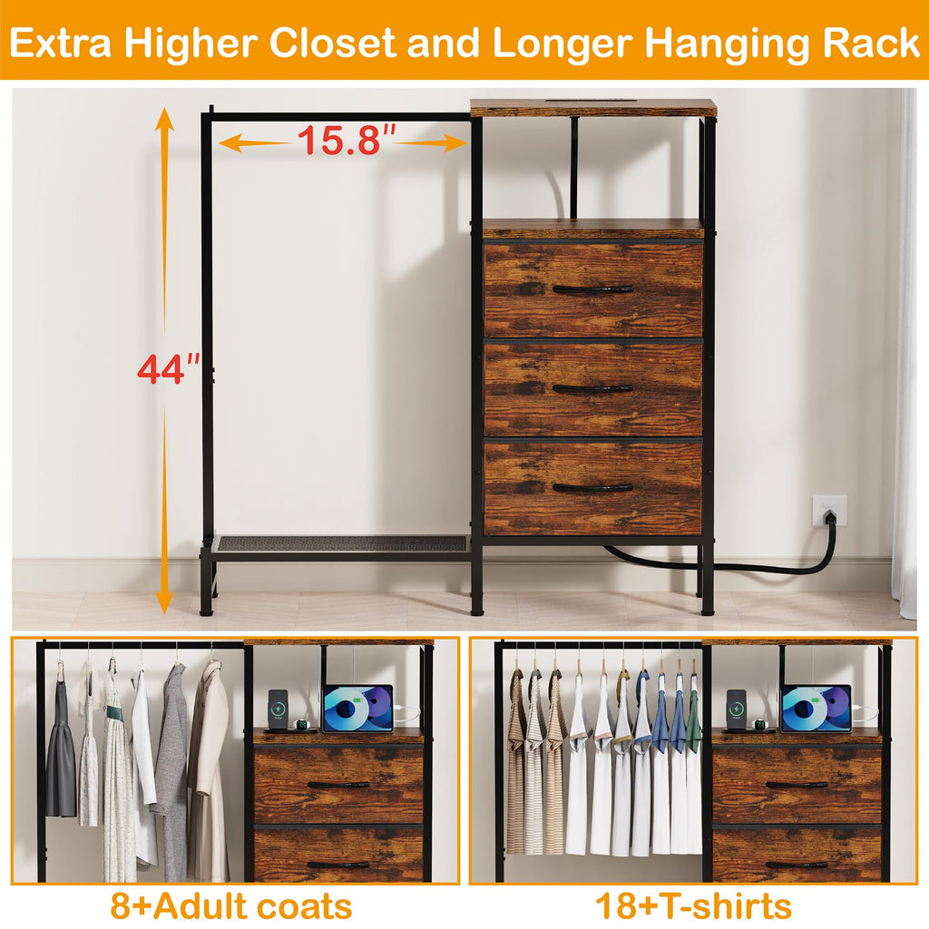 Brown 3 Drawer Fabric Dresser with Hanging Rack D30919