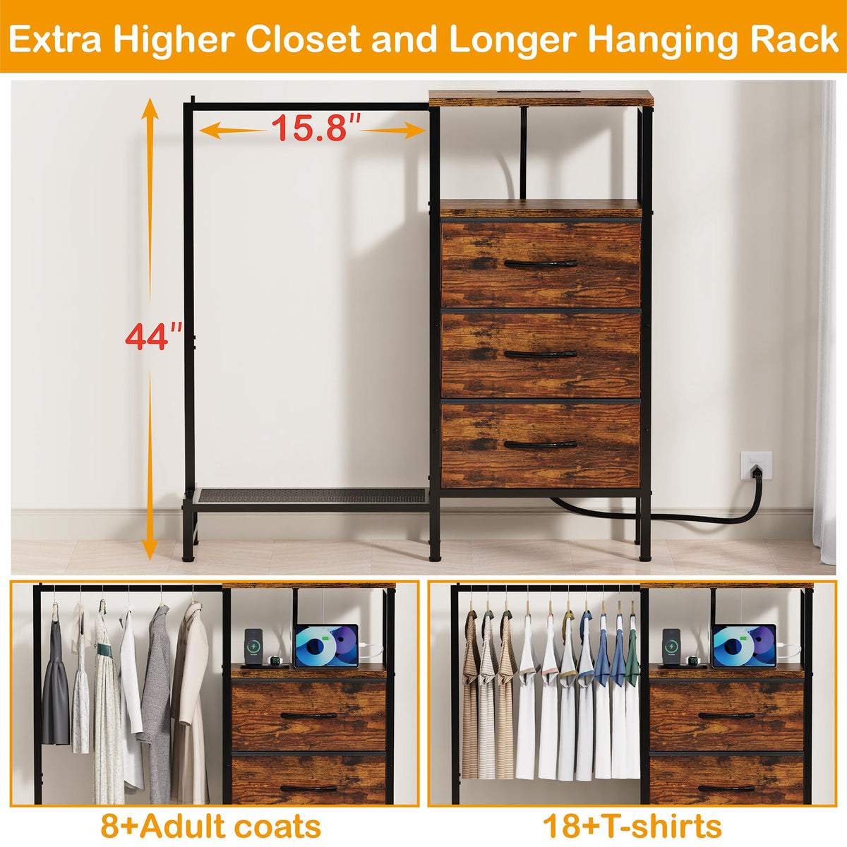 Brown 3 Drawer Fabric Dresser with Hanging Rack D30919