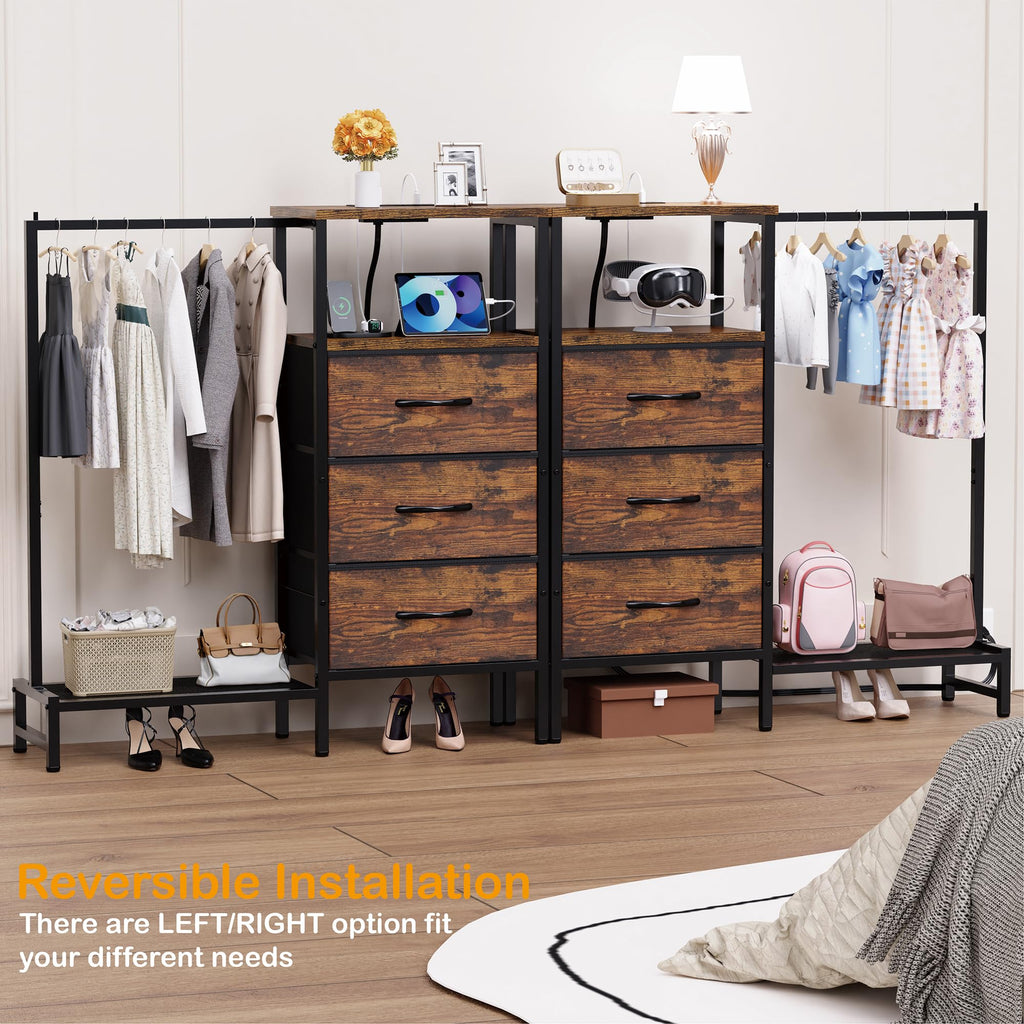 Brown 3 Drawer Fabric Dresser with Hanging Rack D30919