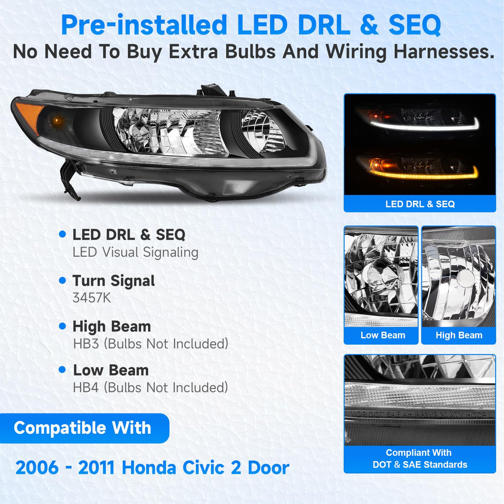 Headlight Assembly for 2006-2011 Honda Civic 2-Door Coupe Q44829