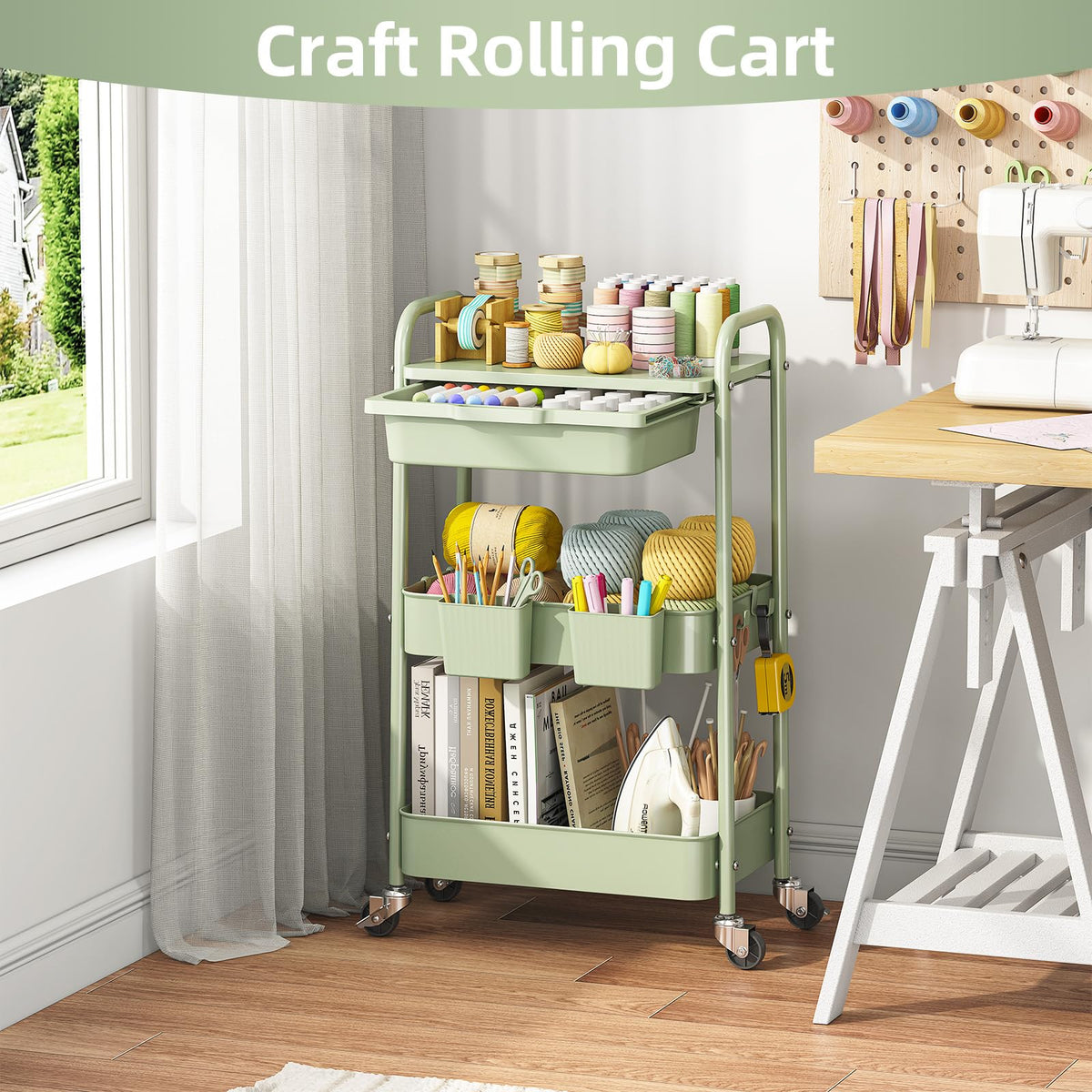3 Tier Metal Rolling Cart with Drawer Q1758