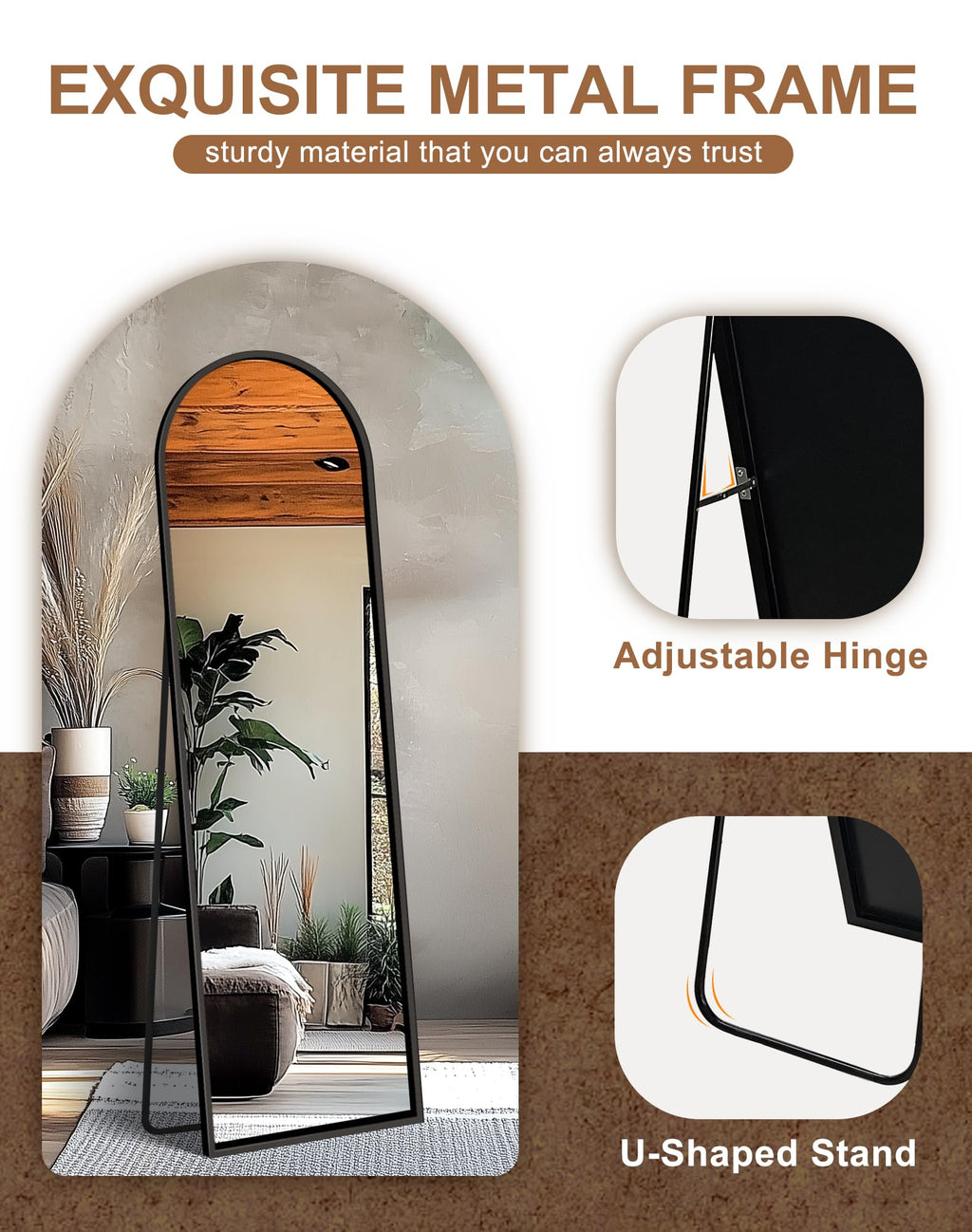 Arched Full Length Black Floor Mirror with Stand S735