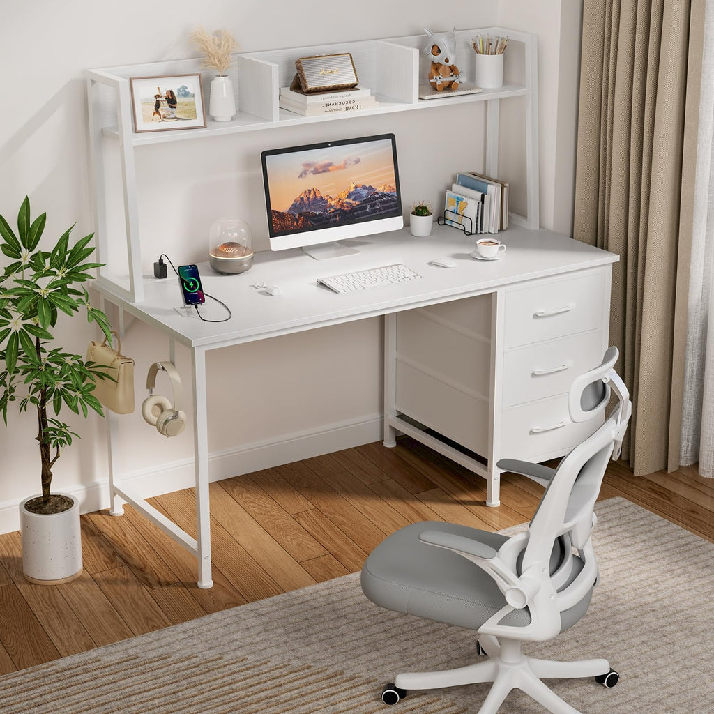 White Computer Desk with Hutch & Drawers 47 Inch A227225