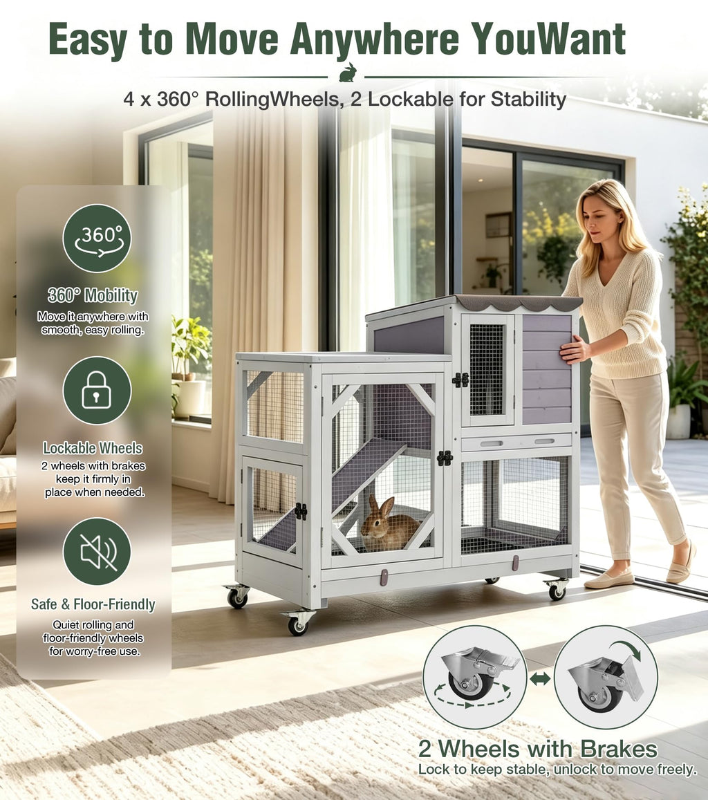 Wooden Rabbit Cage on Wheels with Ramp R371