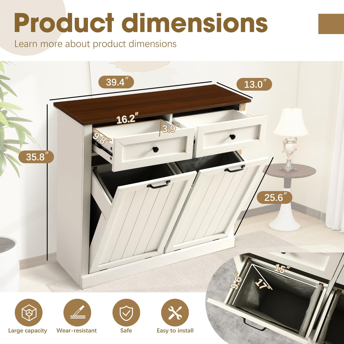 White 22 Gallon Wooden Laundry Hamper Cabinet with 2 Drawers L84705