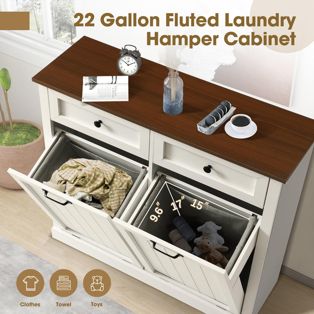 White 22 Gallon Wooden Laundry Hamper Cabinet with 2 Drawers L84705