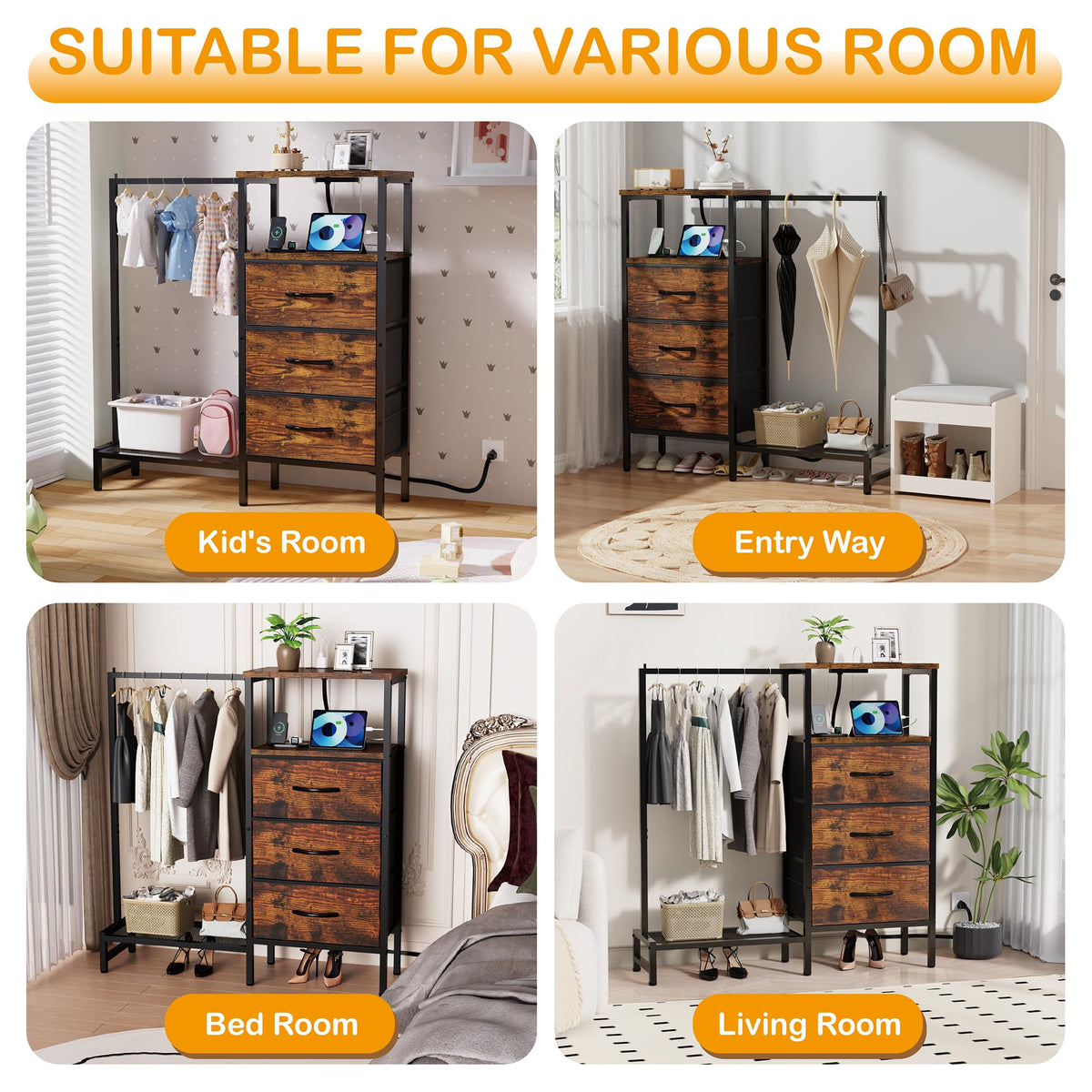 Brown 3 Drawer Fabric Dresser with Hanging Rack D30919