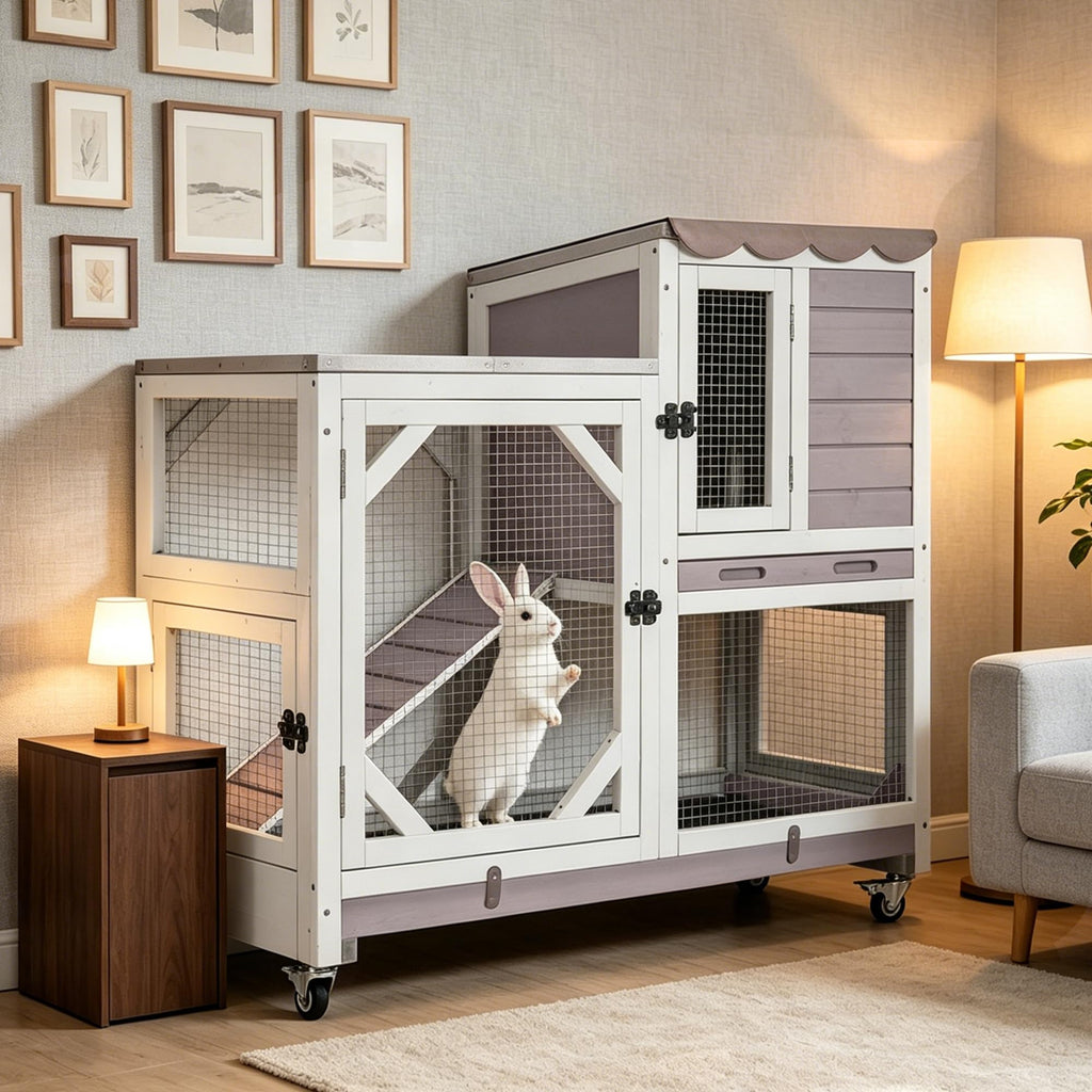 Wooden Rabbit Cage on Wheels with Ramp R371