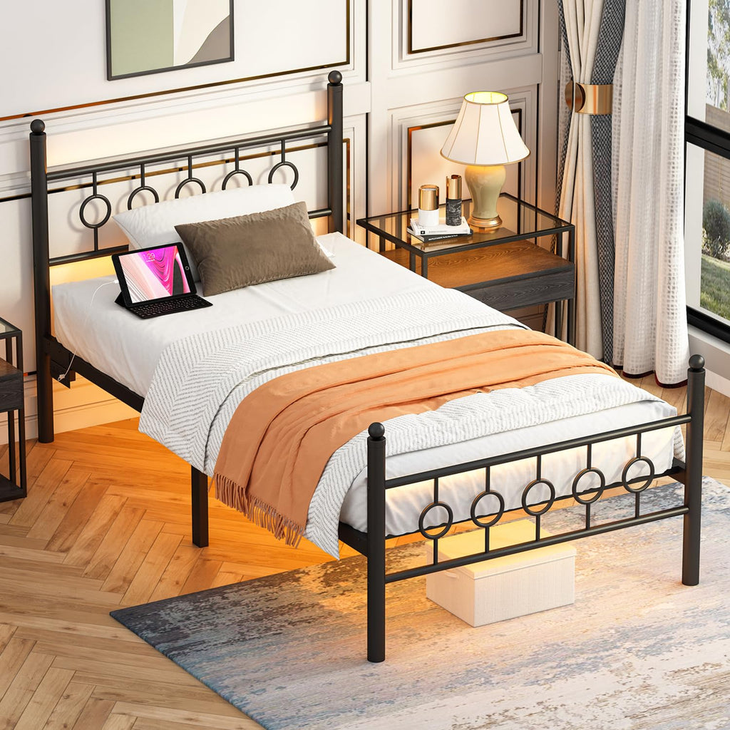 Black Twin Metal Platform Bed Frame with Headboard D3500