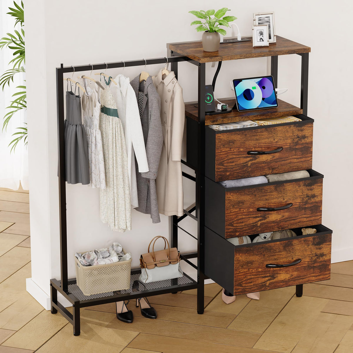 Brown 3 Drawer Fabric Dresser with Hanging Rack D30919