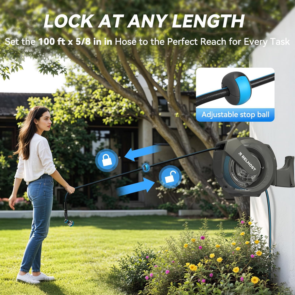 Retractable Garden Hose Reel, 5/8 in x 100 ft Wall Mount Heavy Duty with 10-Pattern Nozzle, Dark Grey D42604