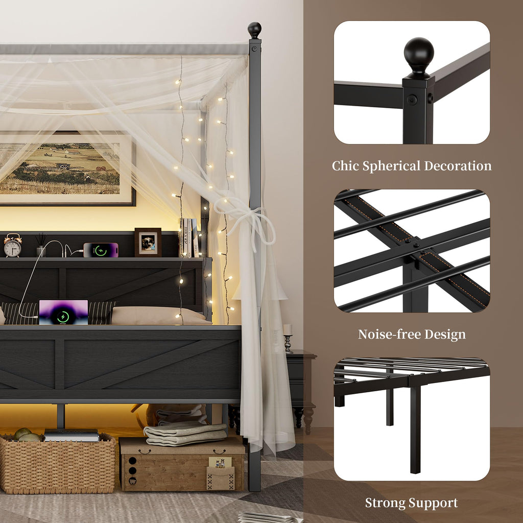 Queen Size Metal Canopy Bed Frame with Storage Headboard E7279