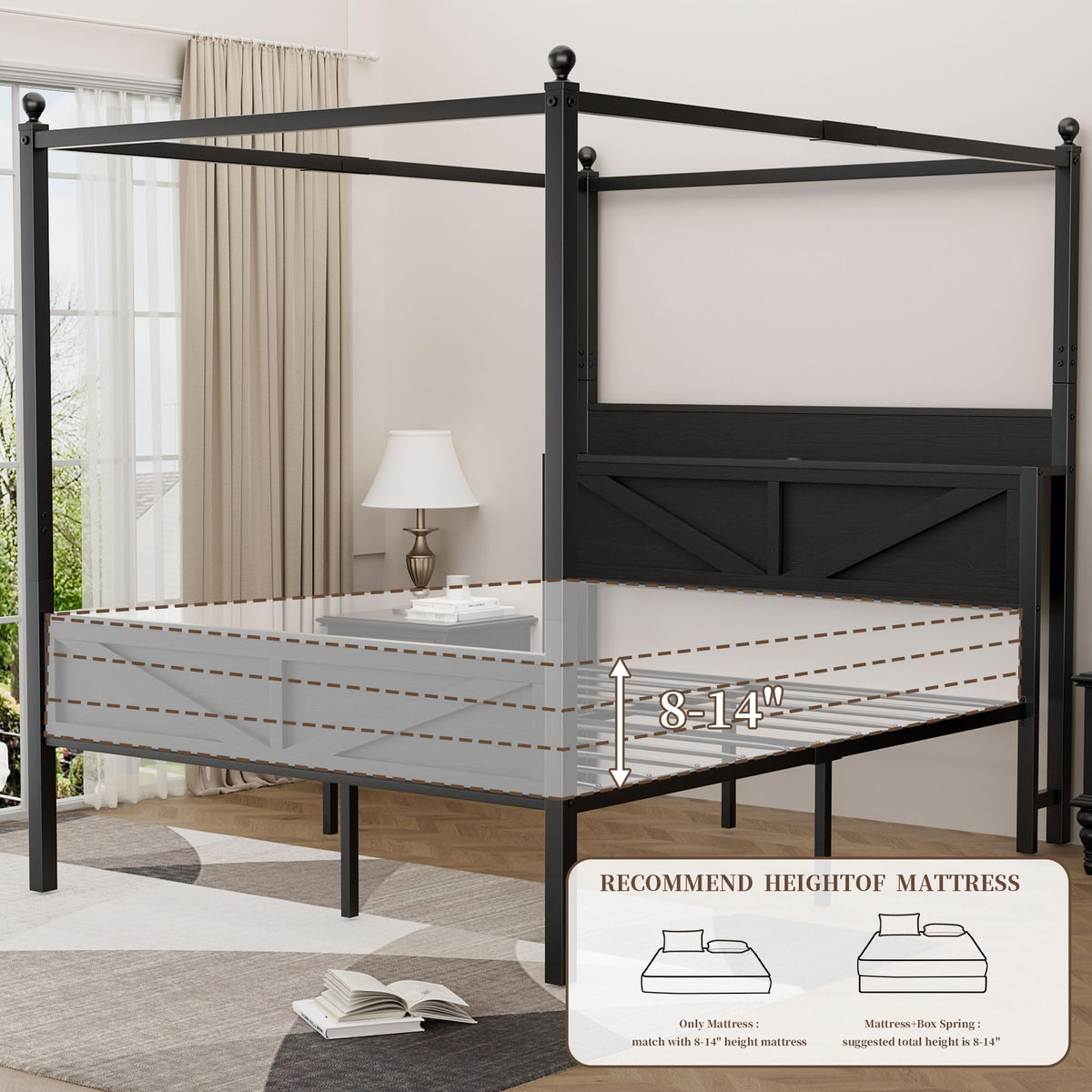 Queen Size Metal Canopy Bed Frame with Storage Headboard E7279