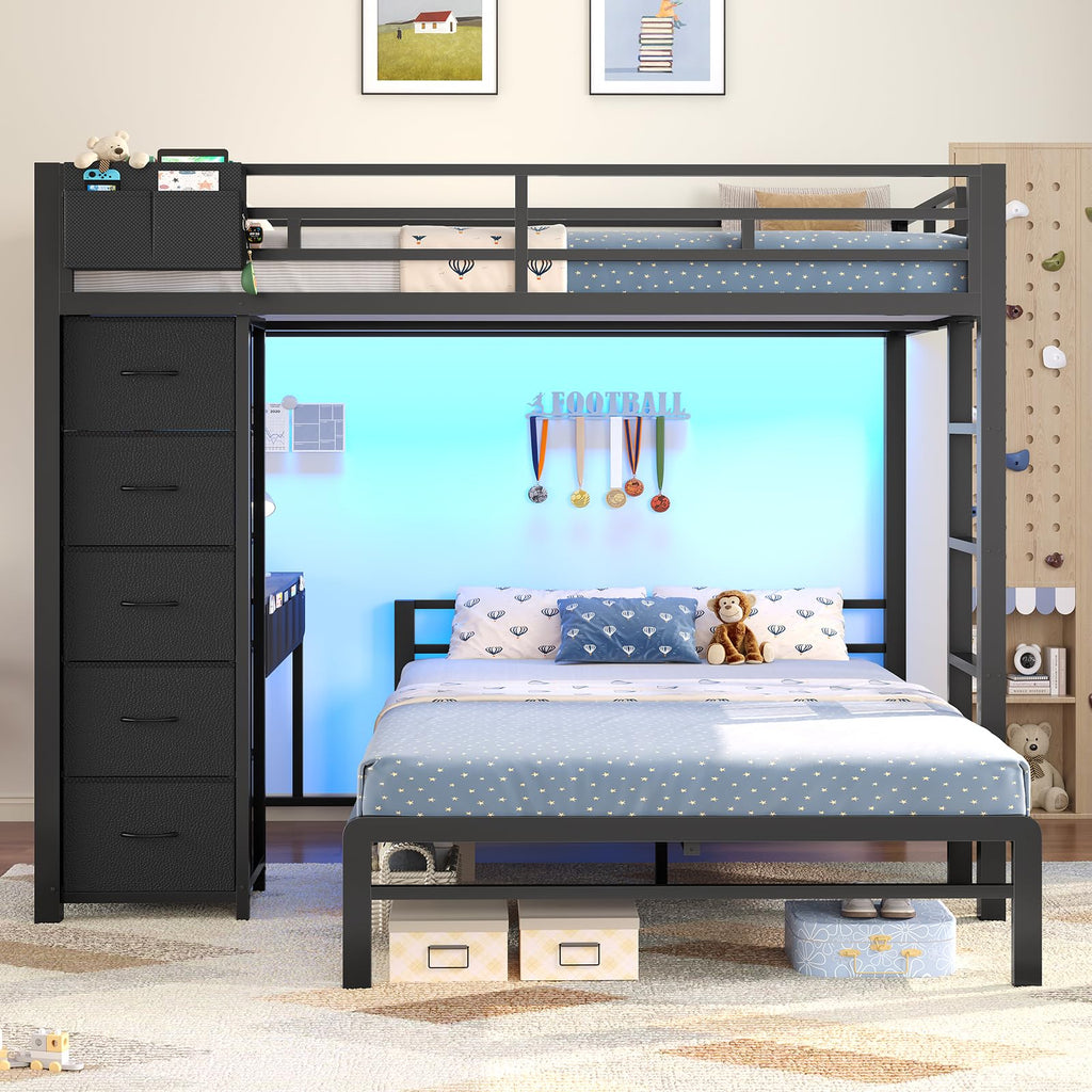 Full Size Bunk Bed with Desk, 5 Drawers, Black A7719