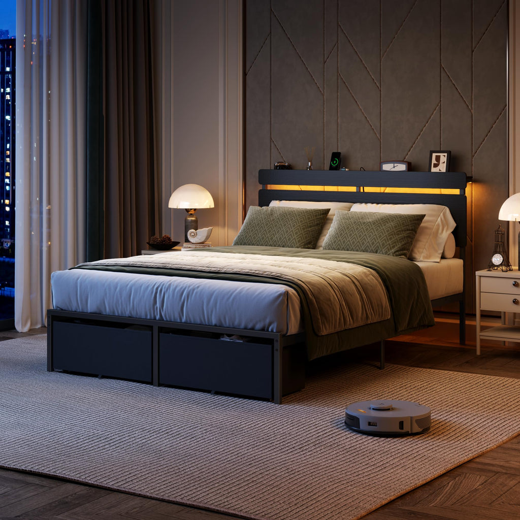 Full Size Bed Frame with Wood Headboard and Storage Drawers Y286