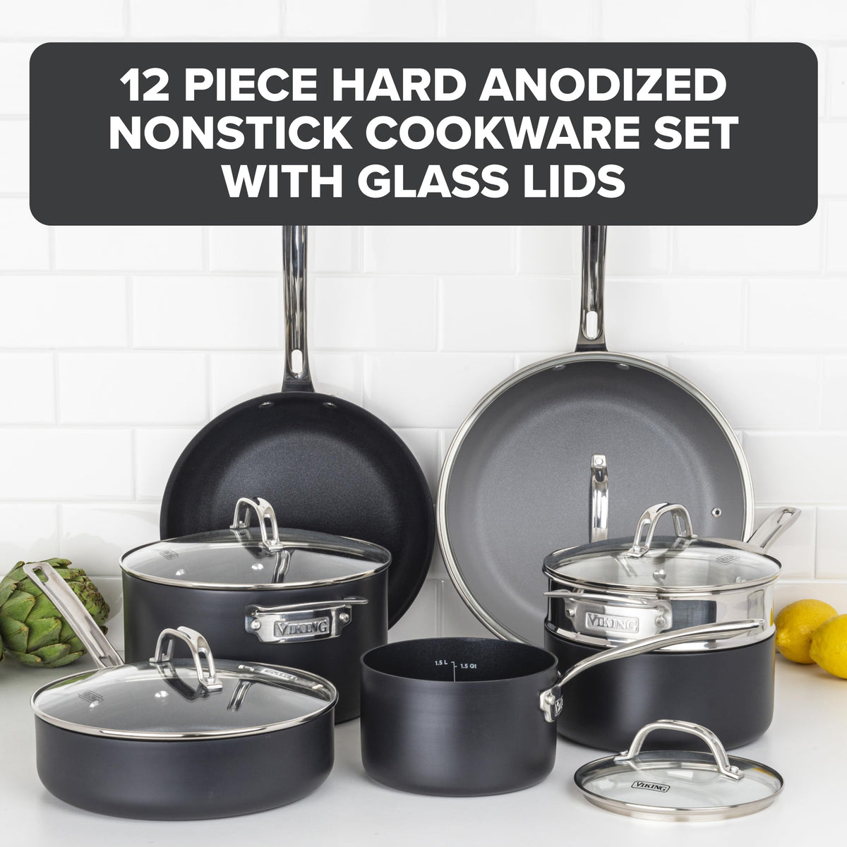 12 Piece Non Stick Hard Anodized Cookware Set with Glass Lids W482474
