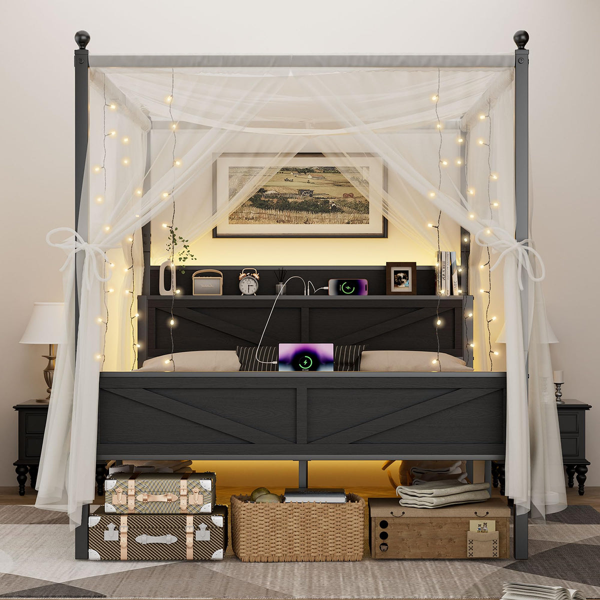 Queen Size Metal Canopy Bed Frame with Storage Headboard E7279