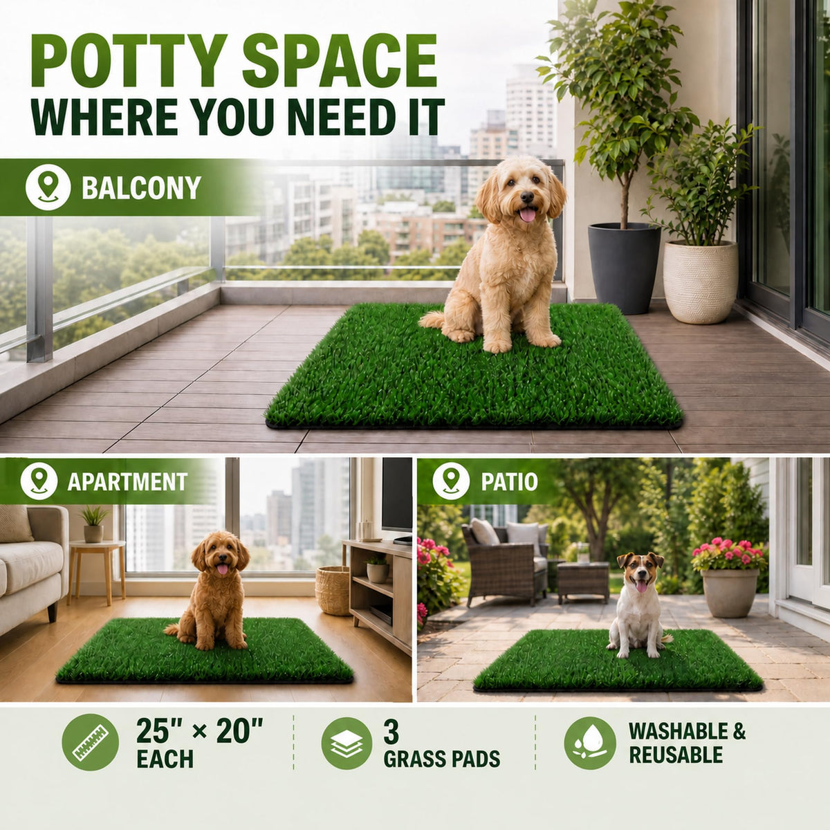 Dog Potty Grass Pads, 3 Pack, 25 x 20 in Replacement Turf X19190