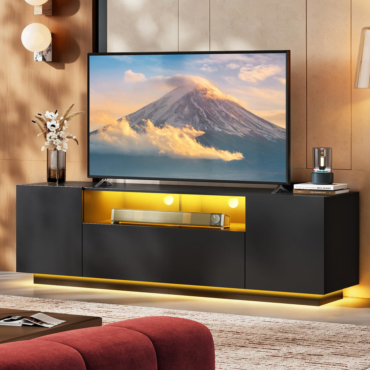 Black TV Stand with Storage Cabinets and Drawer W925442