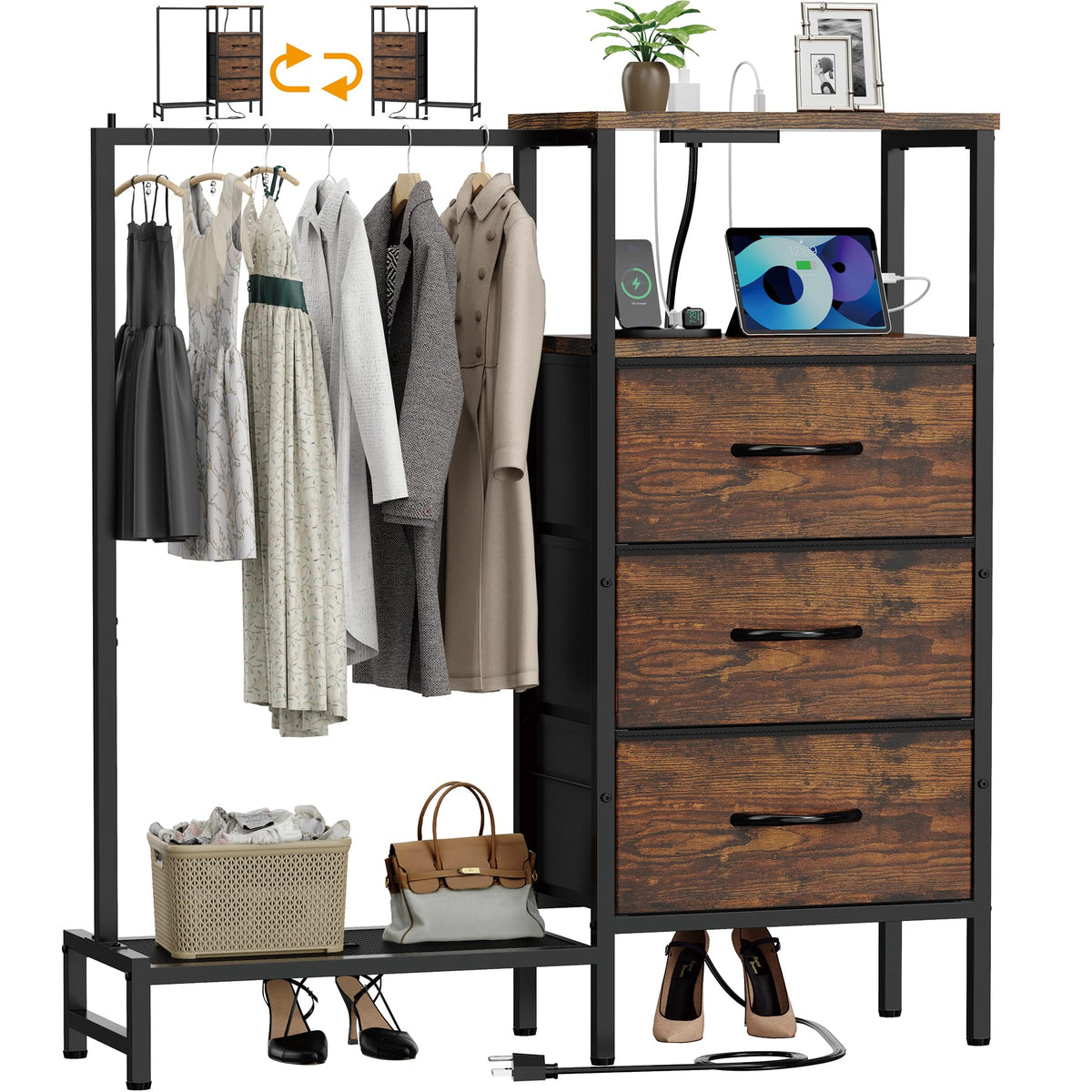 Brown 3 Drawer Fabric Dresser with Hanging Rack D30919