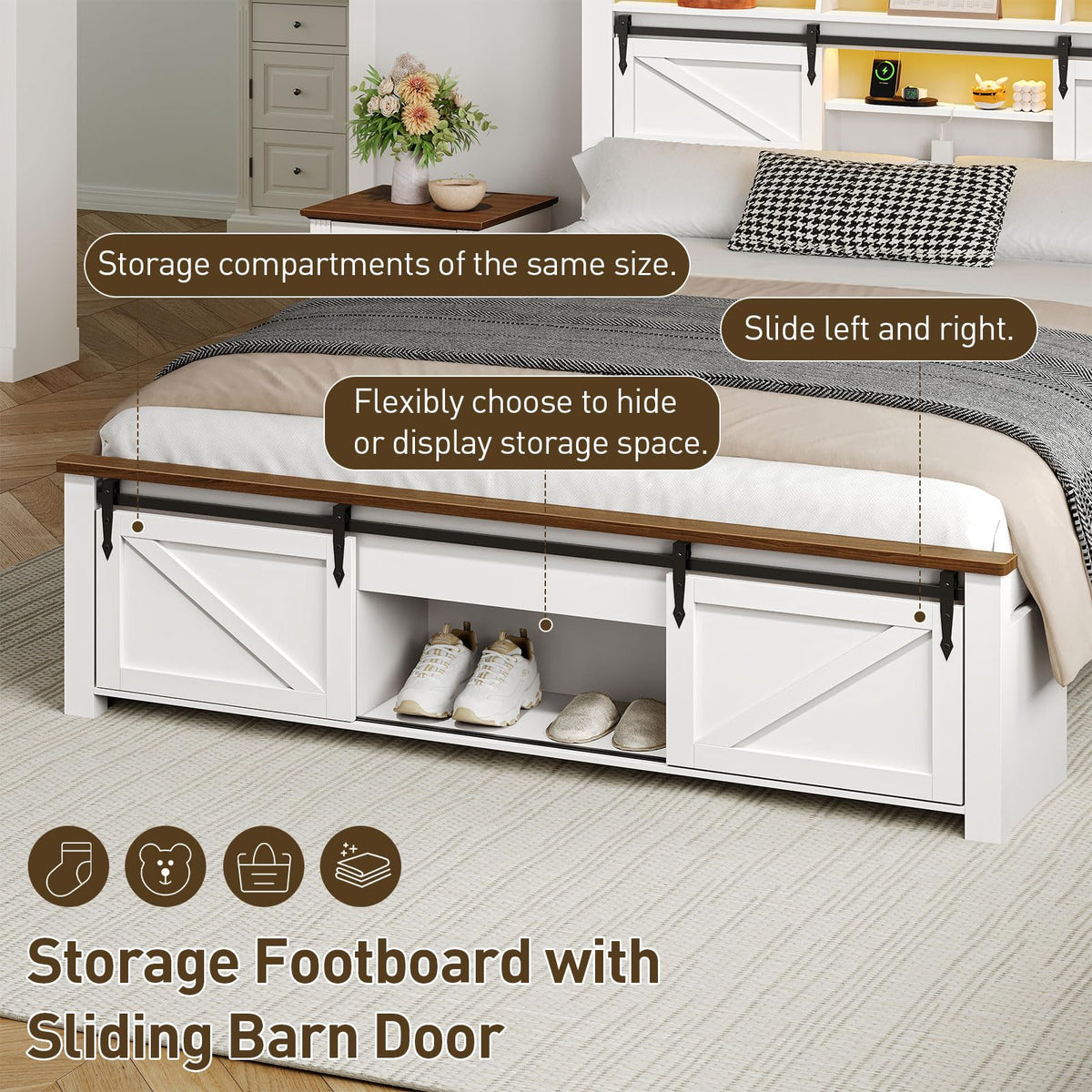 White and Walnut Full Size Storage Bed Frame Q148