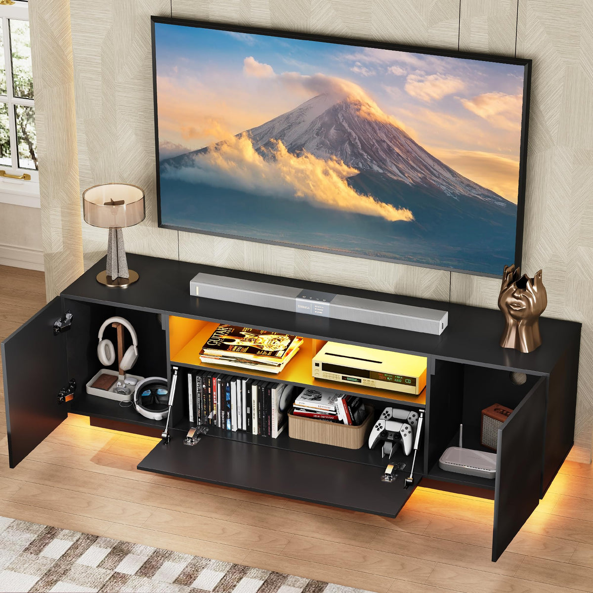 Black TV Stand with Storage Cabinets and Drawer W925442