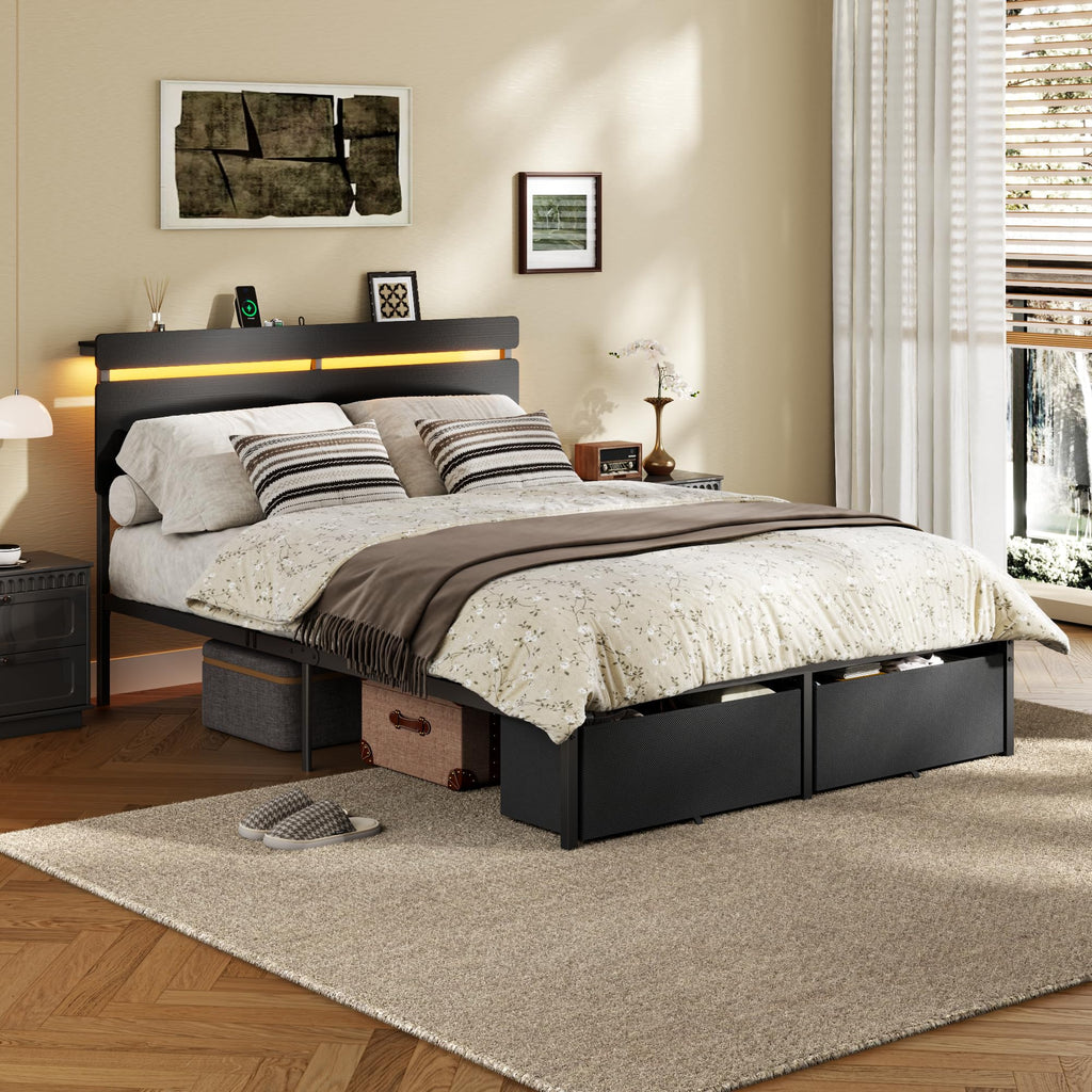 Full Size Bed Frame with Wood Headboard and Storage Drawers Y286