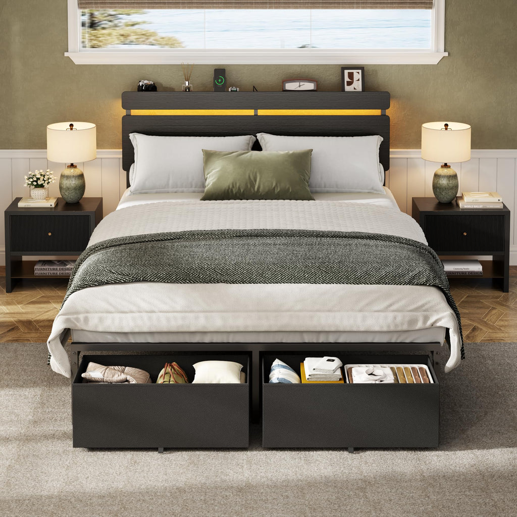 Full Size Bed Frame with Wood Headboard and Storage Drawers Y286