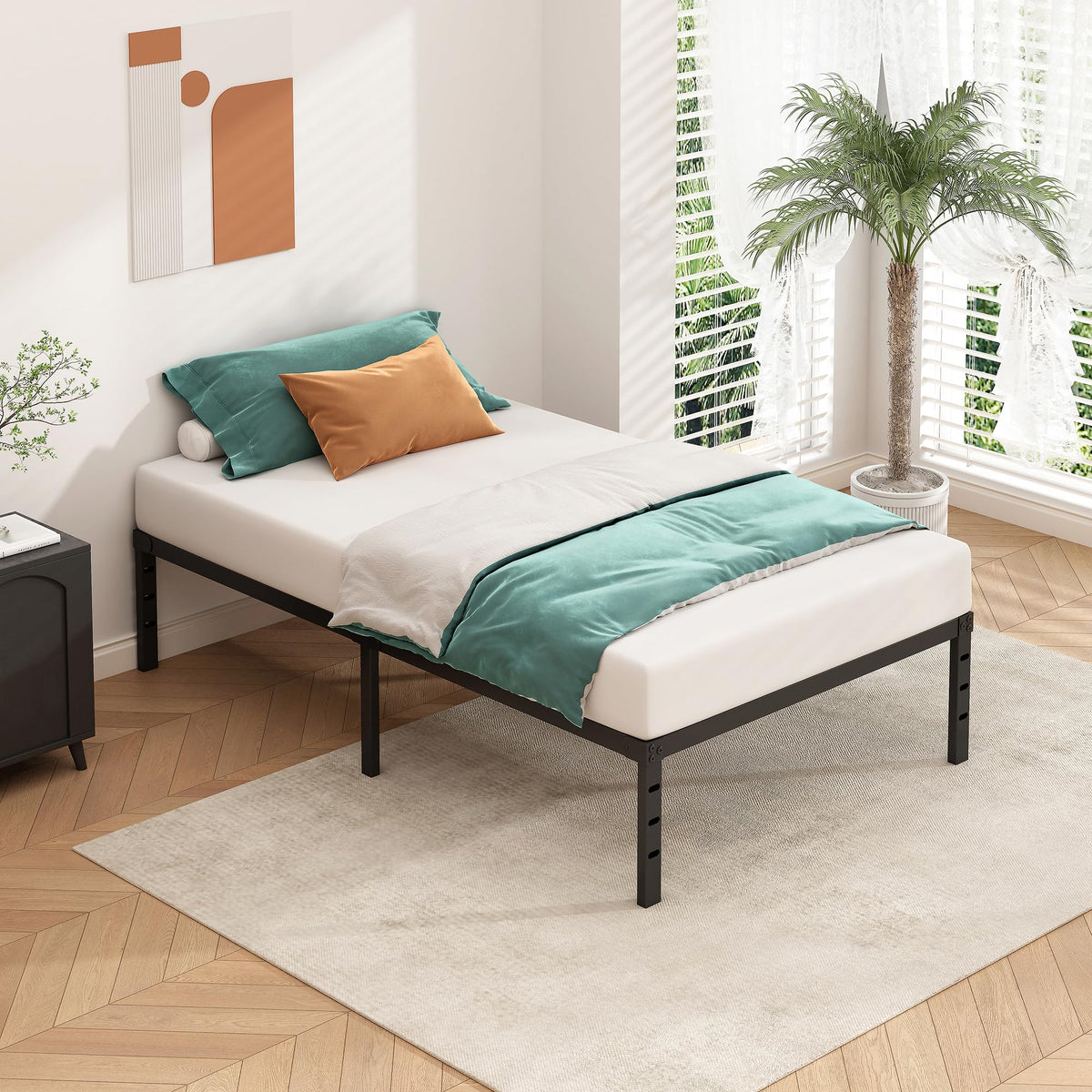 14 Inch Tall Black Metal Platform Twin Size Bed Frame R41216