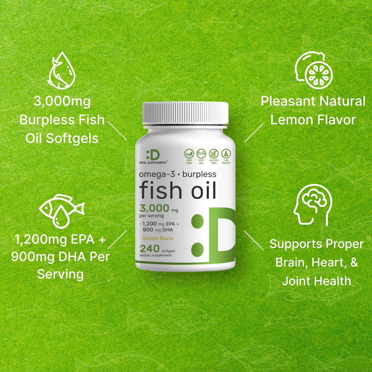Omega 3 Fish Oil 3,000mg 240 Softgels EPA DHA Lemon Flavored N36537
